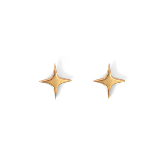 A pair of gold-colored star-shaped stud earrings against a white background.
