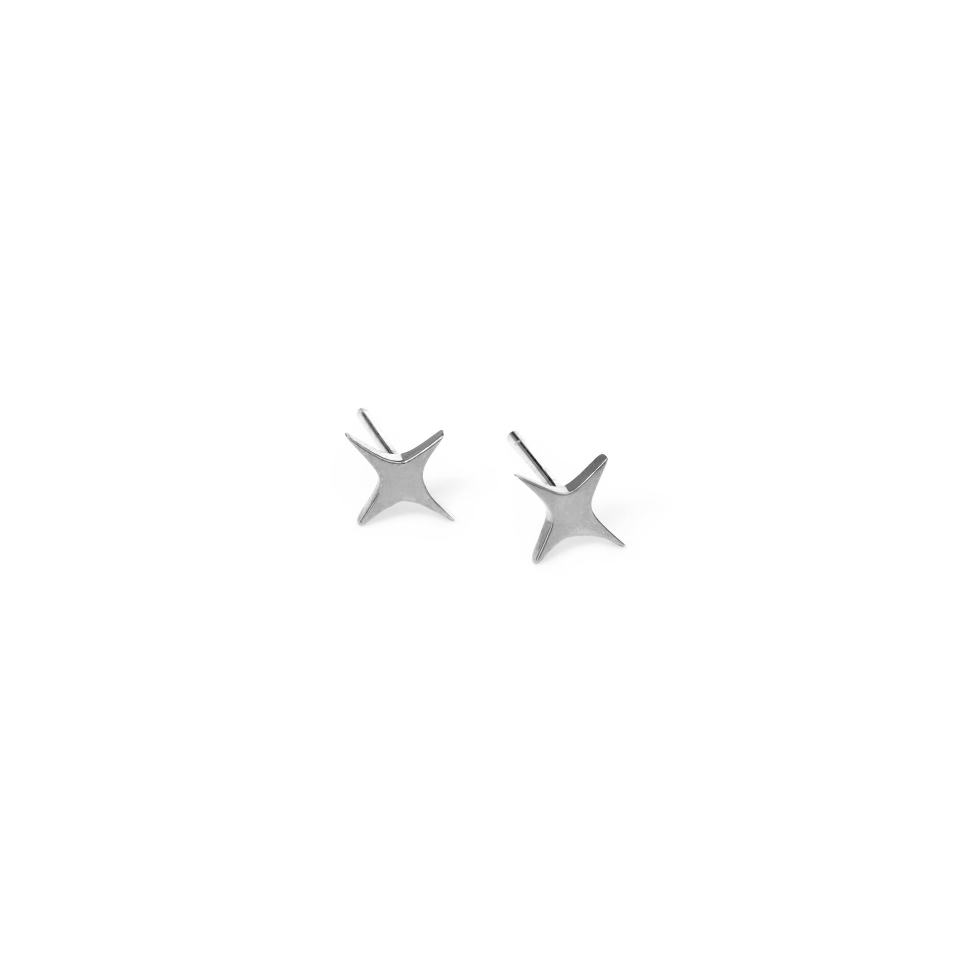 A pair of small, silver star-shaped stud earrings against a white background.