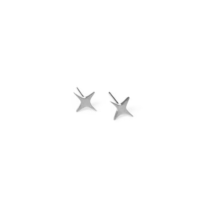A pair of small, silver star-shaped stud earrings against a white background.