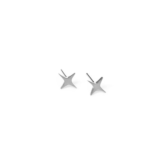 A pair of small, silver star-shaped stud earrings against a white background.