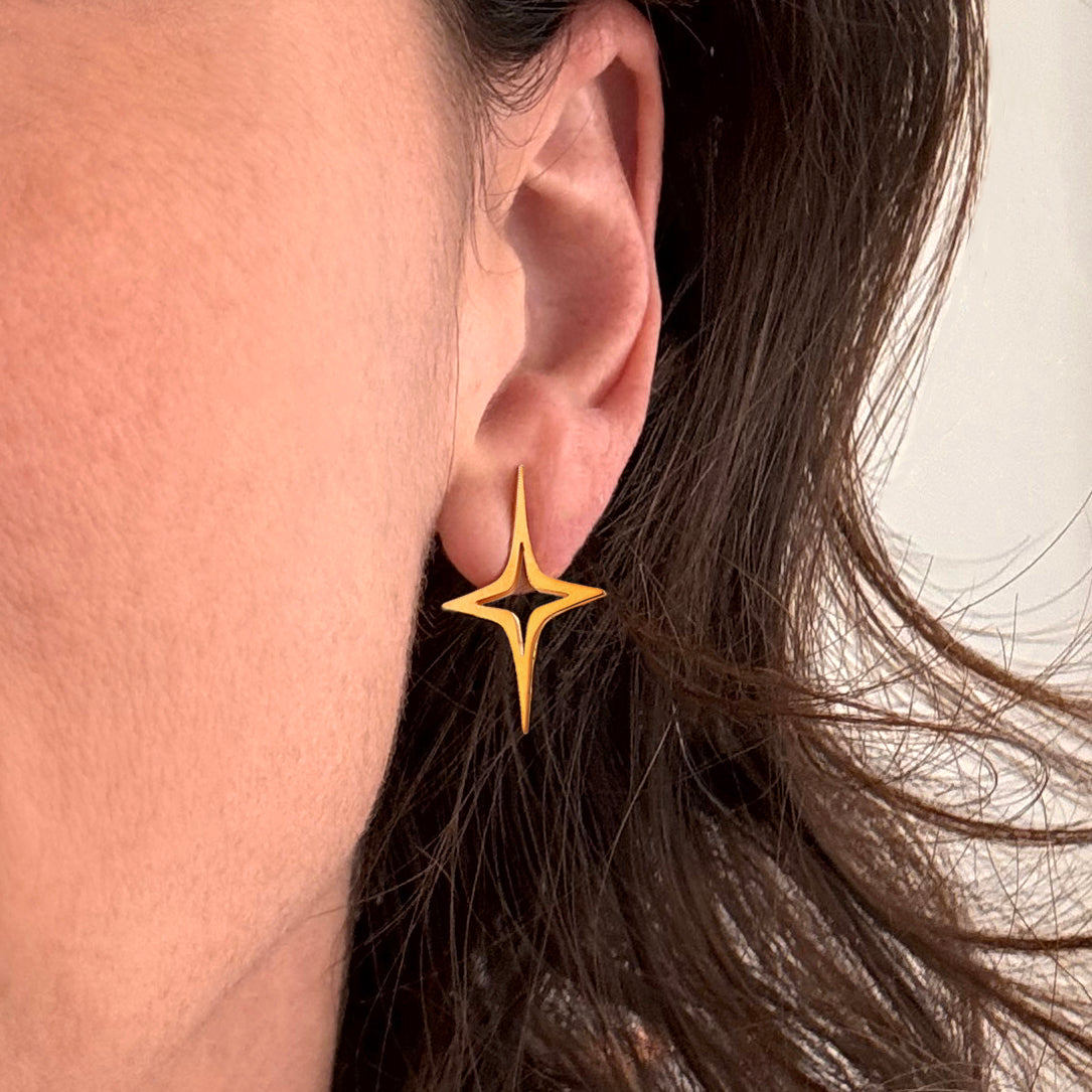 Close-up of a person wearing a star shaped gold earring against a white background