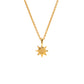 Gold Sun Necklace Pendant hanging on gold chain with white background