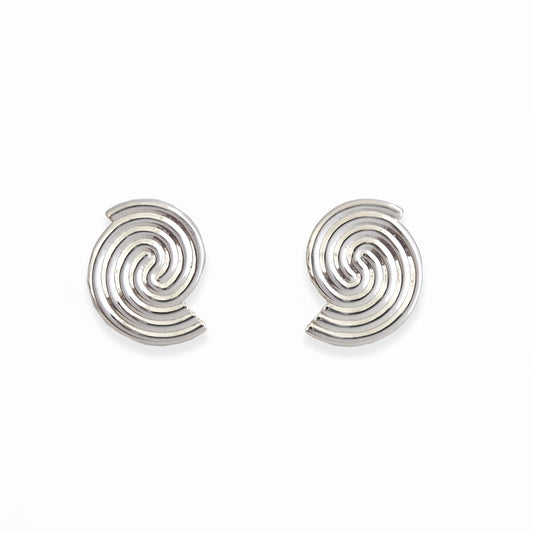 Pair of silver spiral earrings on a white background