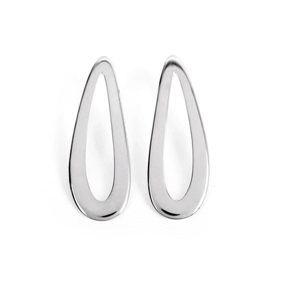 A pair of silver-colored curved drop hoop earrings on a white background