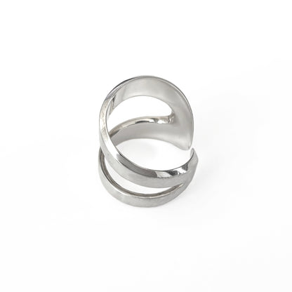 Silver ring with a modern design on a white background