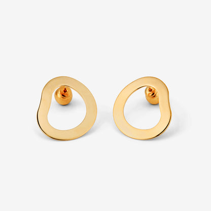 A pair of gold-colored geometric earrings with an open-oval shape accompanied by two small orb-style backings on a white background.