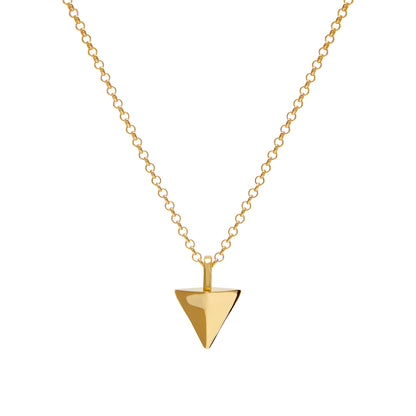 Gold necklace with a triangular pendant on a white background