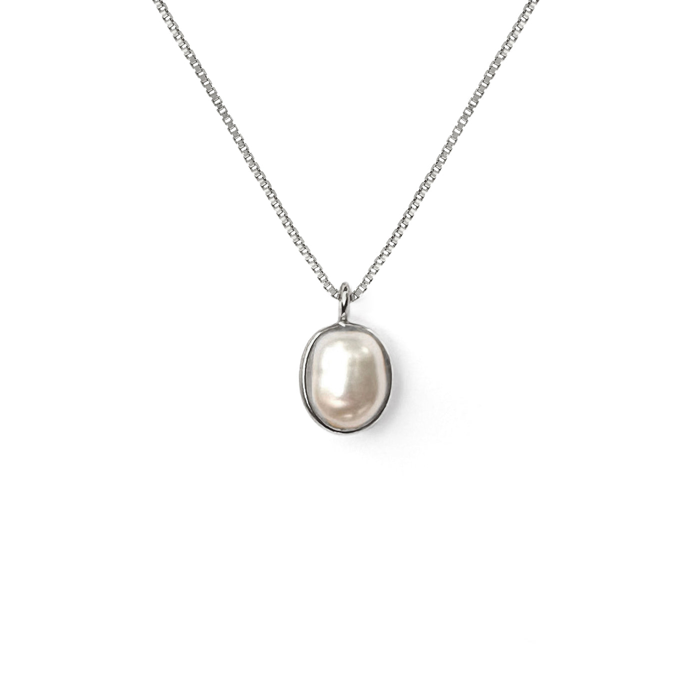 Pearl necklace with silver chain on a white background