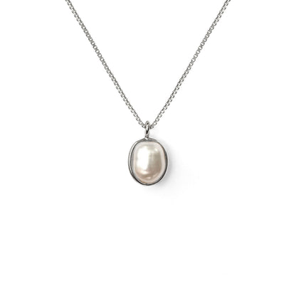 Pearl necklace with silver chain on a white background