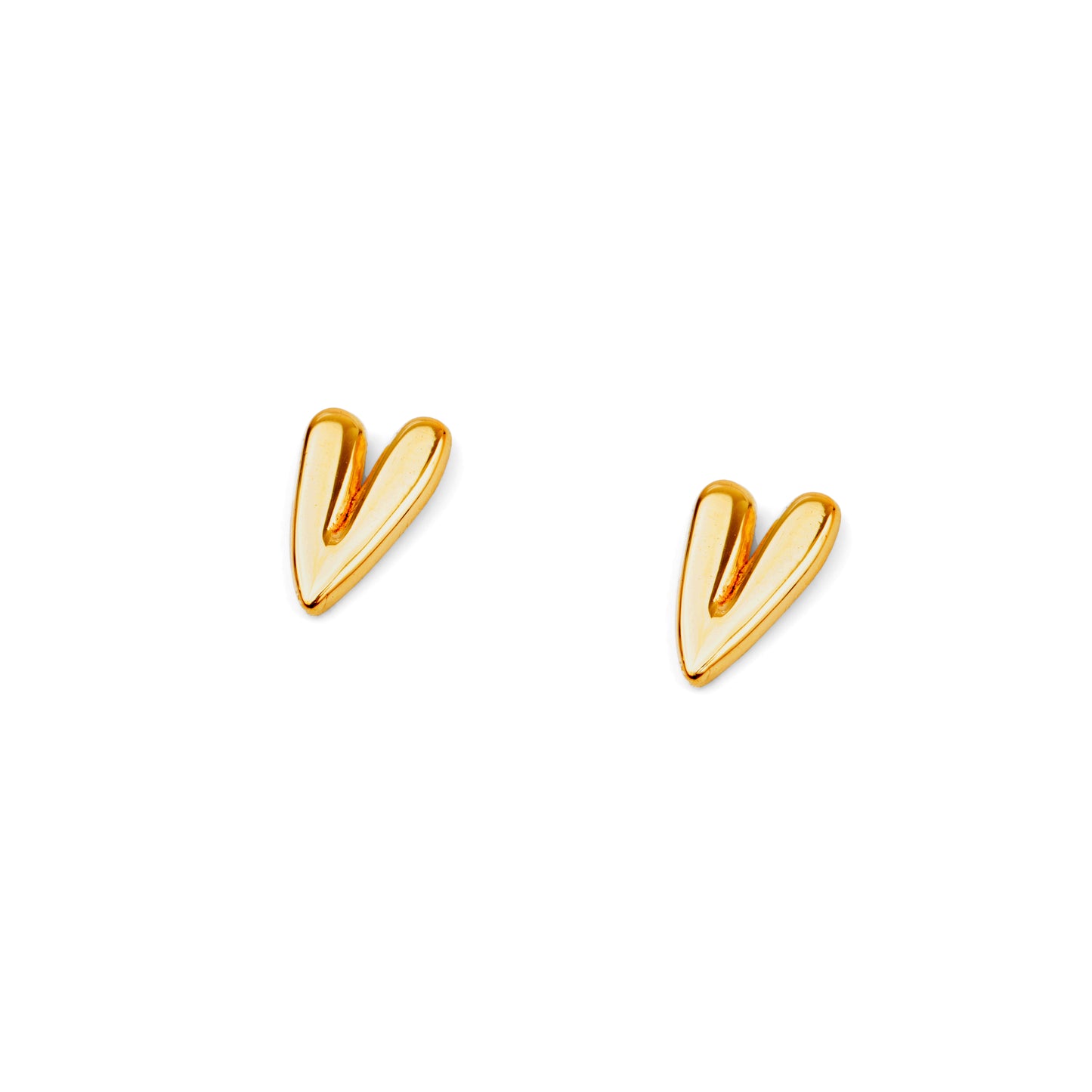 A pair of gold-colored stud earrings in the shape of elongated hearts.
