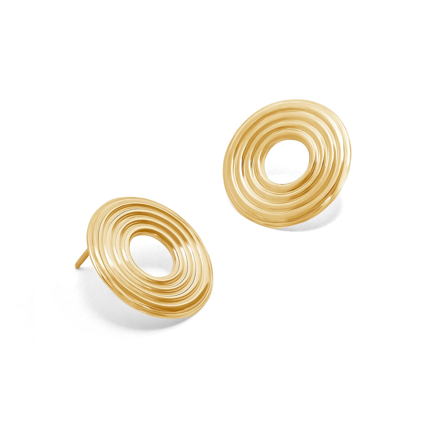 Pair of gold spiral earrings on a white background
